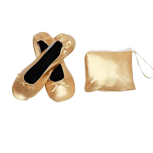 Women's Foldable Ballet Flats with Carrier Pouch Lightweight Comfy Portable Leather Roll Up Pumps with Bow After Party Non-Slip Soft Sole Flat Shoes for Ballerina Wedding & Travel Walking Gold