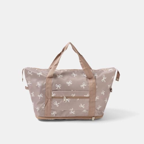 OHS Bow Print Gym Overnight Bag, Women Gifts Hospital Weekend Bags for Women with Handy Rear Pocket & Dual Handles Large Underseat Hand Duffel Bag Carry On Luggage Bags Holdall for Travel, Mink/Cream — view 2