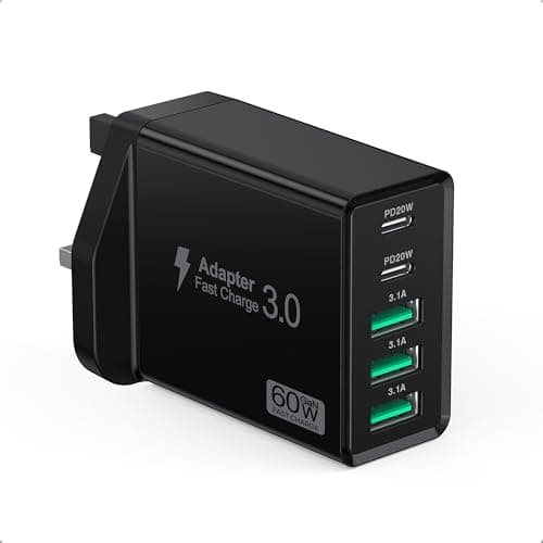60W USB C Charger Block, 5-Port USB C Plug Fast Charger,2 Ports PD Power Adapter+3 Ports QC Mains Wall Charger,Multiport UK Type C Charging Plug for iPhone 17/16/15/14/13/12 Pro Max,iPad,Samsung-Black
