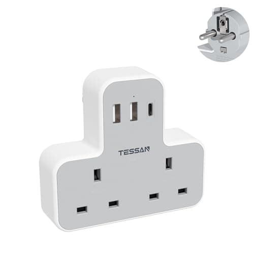 TESSAN 2 Way UK to European Travel Plug Adapter with 3 USB Ports (1 USB C)