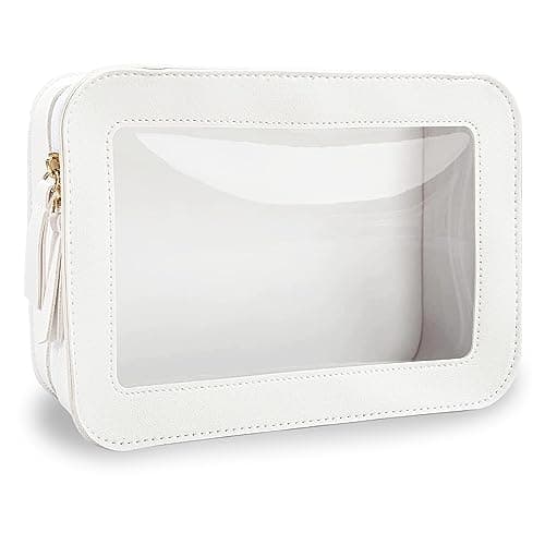 Clear Transparent Toiletry Bag - Waterproof PVC Zippered Cosmetic Wash Bag for Women & Men - Large Vegan Leather (White)