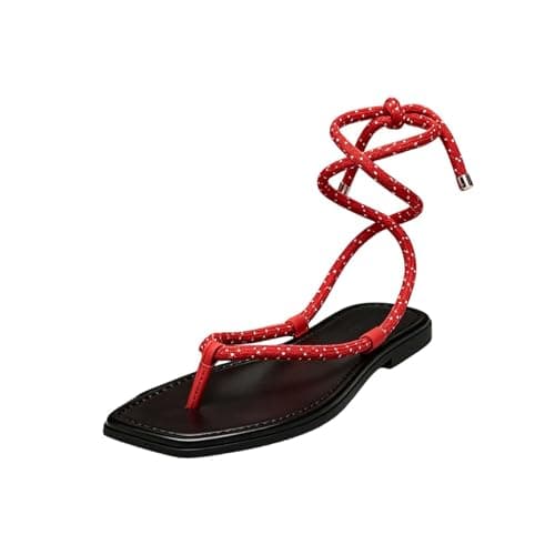 Lightweight Summer Sandals For With Rope Straps Casual Sandal Style Weave Flat Sandals For Hot Weather (Red, 3.5)