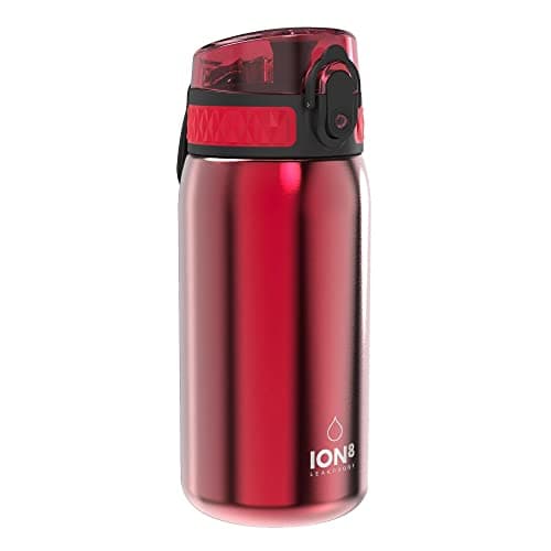 ION8 Lightweight Steel Kids Water Bottle, 400ml/13oz, Non-Insulated, Leak Proof, Easy to Open, Secure Lock, Dishwasher Safe, Fits Cup Holders, Carry Handle, Metal Water Bottle, Metallic Red