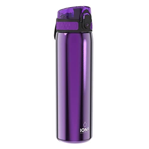 Ion8 Lightweight Steel Water Bottle, 600ml/20oz, Non-Insulated, Leak Proof, Easy to Open, Secure Lock, Dishwasher Safe, Flip Cover, Fits Cup Holders, Carry Handle, Metal Water Bottle, Metallic Purple