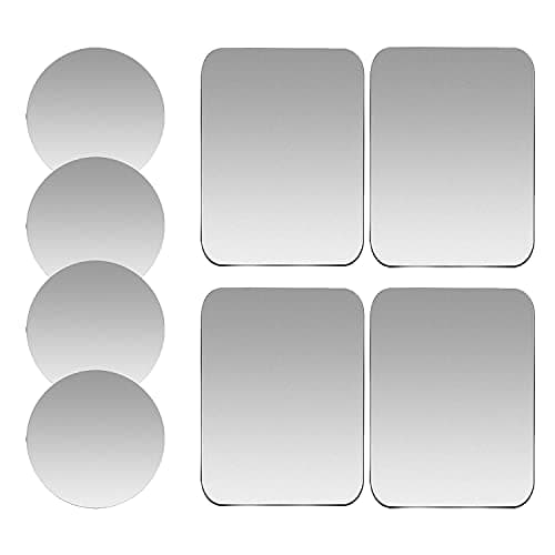 SALEX Replacement Metal Plates Set 8 Pack for Magnetic Car Phone Holders, Wall, Air Vent Mounts, Cases, Magnets. Kit of 4 Silver Round and 4 Rectangular Iron Discs Without Holes. 3M Adhesive Backing.