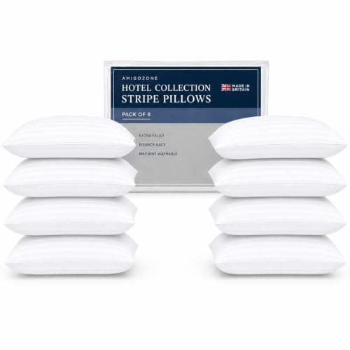 AmigoZone Hotel Quality Stripe 8 Pack Pillows - Bounce Back Pillow Cotton Blend With Virgin HollowFibre - Firm Support Anti Allergy Machine Washable - 48x74cm - Pack of 8