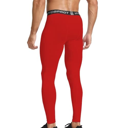 HYCOPROT Men's Running Leggings Compression Trousers Athletic Tight Base Layer Pants for Workout Sports Yoga Basketball (Red, L) — view 3