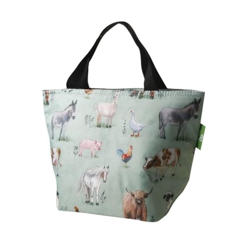 ECO CHIC Lightweight Foldable Insulated Lunch Bag Water Resistant Cooler Bag (Farm Animals Sage)