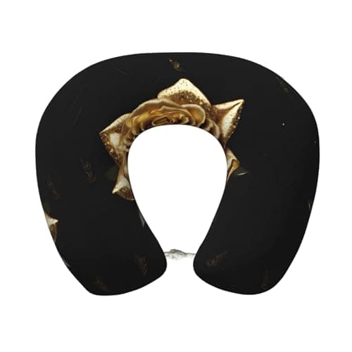 AUGUSTRUSH Memory Foam Neck Pillow - Travel Pillow With Adjustable Clasp, Removable Washable Cover For Airplane Office Car, Ergonomic Support Comfortable U-Shaped Pillow, Gold Rose Print