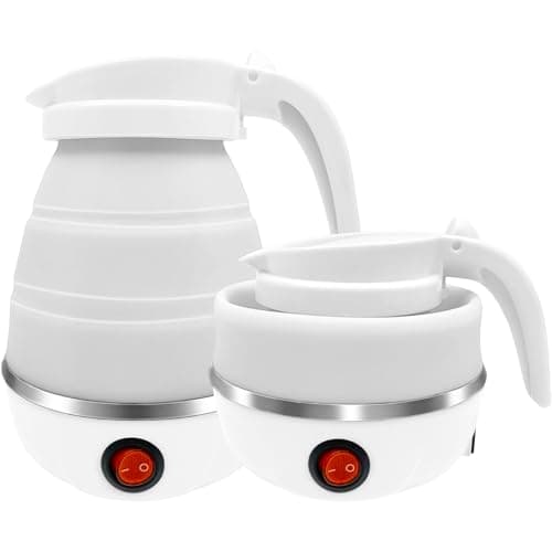 OXNSHEJW Foldable Electric Kettle, Mini Travel Kettle, 600ML Silicone Collapsible Kettle, Electric Tea Coffee Maker Portable Travel Kettles with Separable Power Cord for Outdoor Hiking Camping (White)
