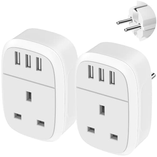 UK to European Adapter Plug,2Pack UK to EU Euro Europe Travel Adaptor with 3 USB Port, Grounded Schuko Charger for Germany France Spain Iceland Greece Poland Netherlands Portugal Austria (Type E/F