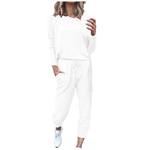 Travel Outfit Airport Set Women Petite Two-Piece Loungewear Set, Long Sleeve Casual Tracksuit, Solid Colour, Drawstring Jogger Pants with Pockets Round Neck Top Pullover for Workout 2026 (White, M)