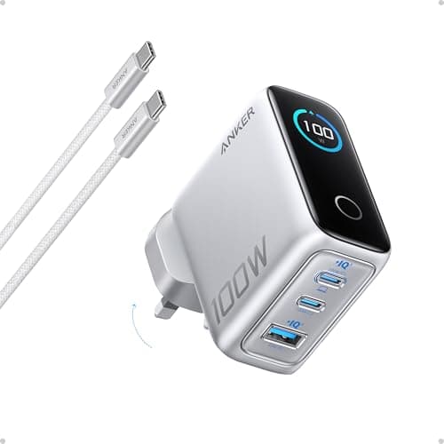 Anker 100W USB C Charger, 3-Port Fast Charger Plug, Ultra-Compact GaN Laptop Charger, Smart Display, Touch Control, for MacBook, iPad, iPhone 17/16/15 Series (Silver, USB-C Cable Included)