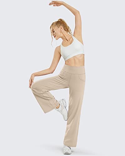 Promover Yoga Pants for Women with Pockets Wide Leg Trousers for Women UK Stretch Work Tracksuit Bottoms Joggers Causal Lounge Tummy Control Pants(Light Khaki,M,Tall) — view 2