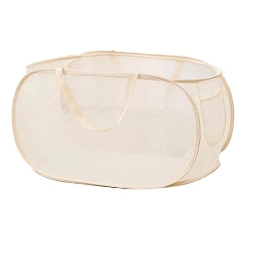 HUANYO Durable Collapsible Laundry Basket, Mesh Pop-up Laundry Hamper with Handy Pocket and Reinforced Carry Handles, Foldable Clothes Hamper for Bathroom, Kids Room or Travel (beige)
