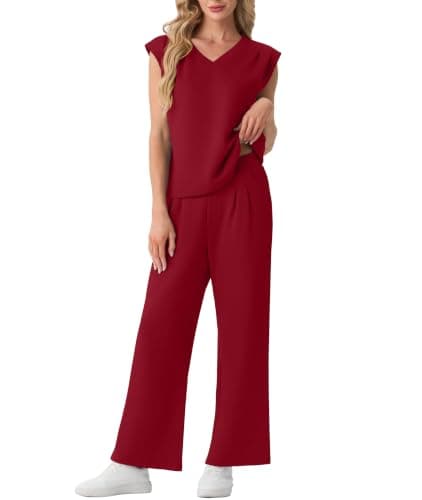 GRECERELLE Two Piece Outfits Women Summer Sleeveless Lounge Wear Sets for Women UK With Elastic Waisted Wide Leg Trouser and Top with Shoulder Pads (Wine Red, L) — view 2