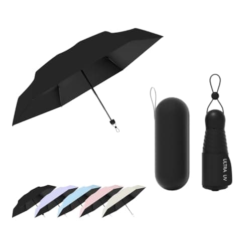 Travebo Mini Travel Folding Umbrella With Retractable Rope and Wide Umbrella Strap, Portable, Small Compact, Case, Water Proof, UV Protection,Sun Rain, 240g, 6 Ribs,Child Women