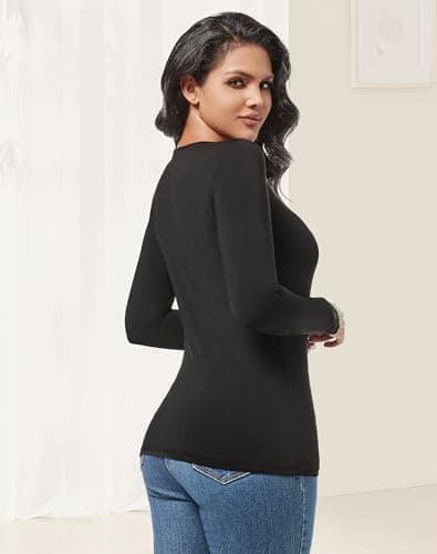 MOSCOAL Fleece Lined Thermal Tops for Women Long Sleeve Lace Trim Base Layer V Neck Shirt, Black, L — view 3