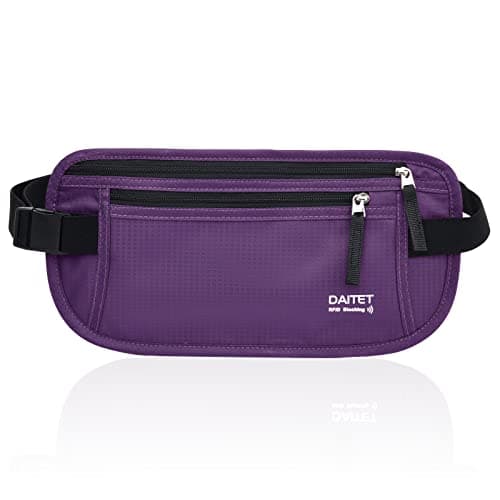 RFID Blocking Money Belt for Men Women, Slim Fanny Pack for Travel,Running,Conceal Waist Wallet for Passport Holder,Phone,Cash(Dark Purple)