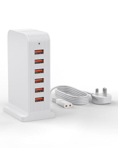 LEENFAER USB Charger 6 Port 50W Multi USB Tower Charging Station for iPhone 15/15 Pro/15 Pro Max/iPhone 14/14 Pro/14 Pro Max/13 Pro/13 Pro Max/Android/Samsung/iPad,etc (white)