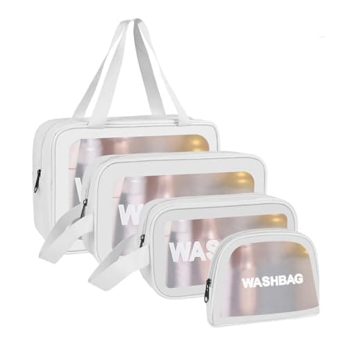 Aucuu 4PCS Clear Toiletry Bag, Wash Bag, Clear PU Makeup Bags, Waterproof Toiletry Travel Bags with Zipper Handle, Portable Airport Cosmetic B-ag for Travel Bathroom Men Women (White)