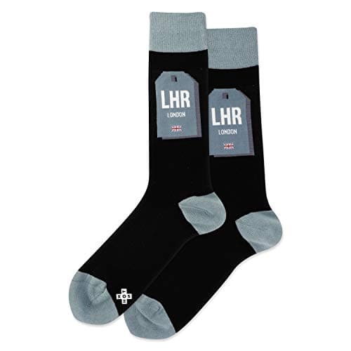 Hot Sox Men's Fun Travel & Cities Crew Socks-1 Pair Pack-Cool & Artistic Novelty Fashion Gifts, London Luggage Tag (Black), 4.5-12 UK