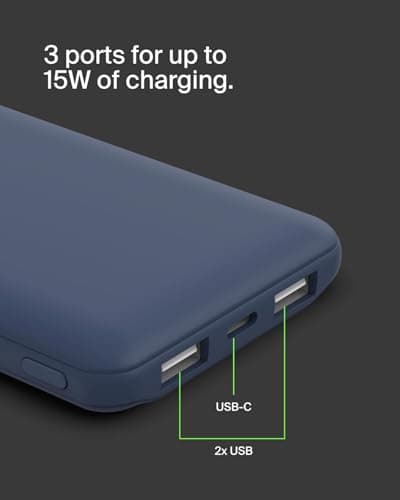 Belkin 10000mAh portable power bank, 10K USB-C portable charger with 1 USB-C port and 2 USB-A ports, battery pack for up to 15W charging for iPhone, Samsung Galaxy, AirPods, iPad, and more - Blue — view 2