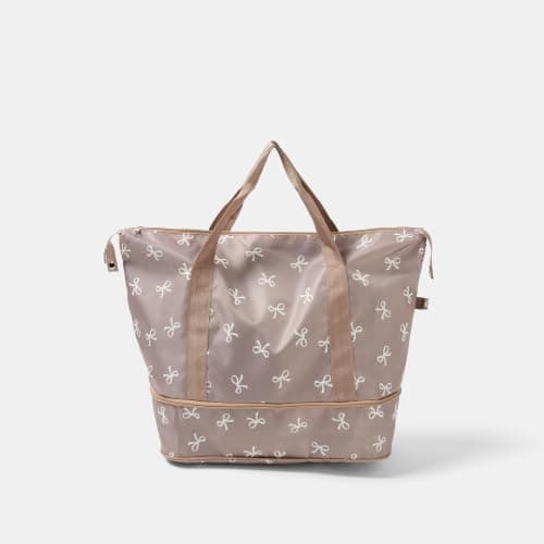 OHS Bow Print Gym Overnight Bag, Women Gifts Hospital Weekend Bags for Women with Handy Rear Pocket & Dual Handles Large Underseat Hand Duffel Bag Carry On Luggage Bags Holdall for Travel, Mink/Cream — view 5