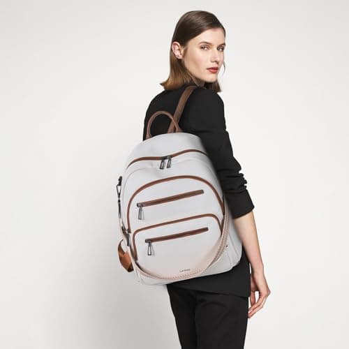 LATMAP 32L Vegan Leather backpack Women 14.5"x8.5"x16",Laptop Backpack for Women College Daypack Work Handbag Travel fits 14" Laptop Business,Beige — view 2