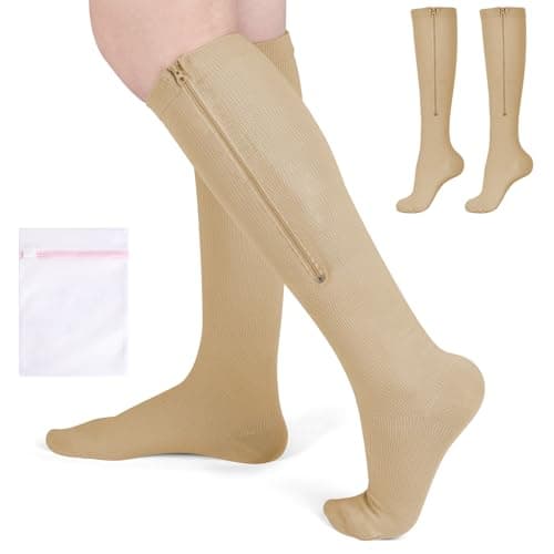 Fefod Compression Socks for Women Men, 2 Pairs Graduated Stockings Support with Zipper, 15-20 mmHg Closed Toe Support Socks for Varicose Veins, Edema, Sports, Flying, Nurses, Travel, Running, 2XL