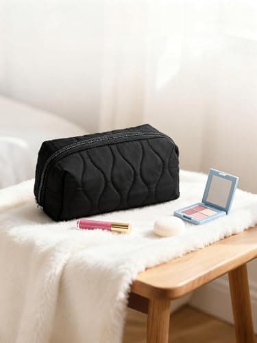 Makeup Bag Travel Cosmetic Bag,Large Capacity Makeup Organizer Case,Wide-Open Pouch Purse,Puffy Padded Make Up Bag for Women,Black — view 5