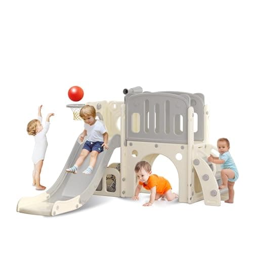 hoopyosms Toddler Slide with Climbing Ladder, Tunnel and Basketball Hoop, Indoor Outdoor Garden Slide Set for Kids, Children's Playground Toy, Montessori Play Equipment, Grey