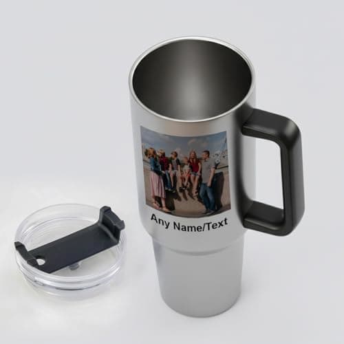 Getagift Personalised 40oz Travel Tumbler with Handle & Straw | Custom Name/Text with Your Own Photo | Stainless Steel Large Cup | Travel Water Bottle | Car Coffee Mug. (Silver) — view 6
