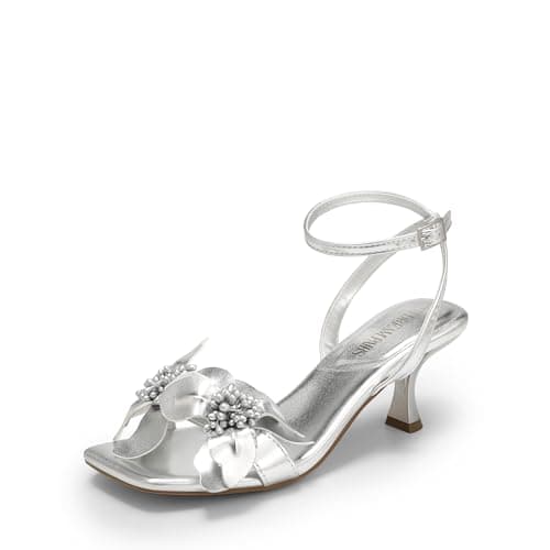 DREAM PAIRS Womens Low Kitten Heels Sandals,Silver-Pu,6
