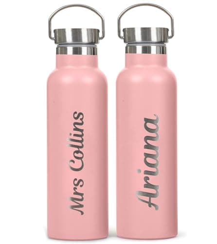 Personalised Water Bottle Stainless Steel 600ml Water Bottle, Vacuum Insulated Metal Water Bottles Pink Teacher Gift for Her — view 4