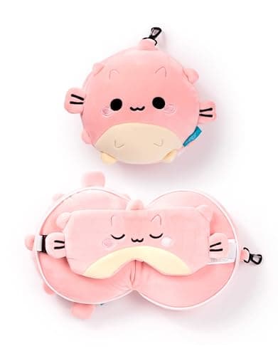 Puckator Relaxeazzz Adoramals Puff the Puffer Fish Plush Travel Pillow & Eye Mask - Sleep Eye Mask Masks - Kids Travel Accessories For Sleeping Airplane - Flight Plane Neck Pillow Pillows