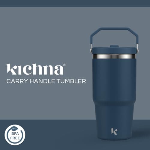 Kichna Blue Tumbler with Straw & Lid | Stainless Steel Double Wall Insulated Travel Mug | Leak Proof with Carry Handle | Design Keeps Drinks Cold or Hot | Perfect for Coffee, Water, Smoothies — view 2