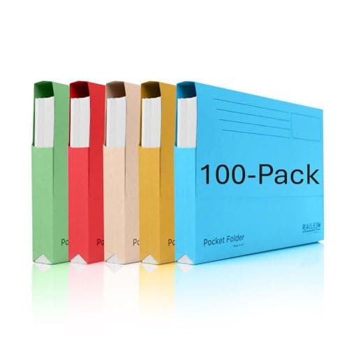 Railex Pocket Folder Foolscap Document Wallets - Assorted Folders Pack of 100 for Paperwork A4 and A4+, Recycled Board File Foolscap Document Wallet, Premium Filing Folder for Office and Home
