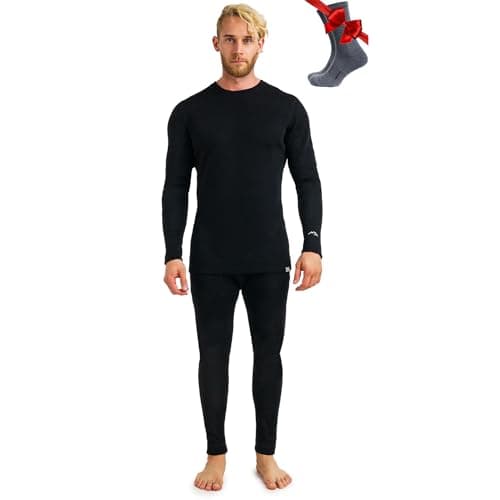100% Merino Wool Base Layer Men Set - Thermal Underwear Mens + Hiking Socks (Medium, 320 Black)