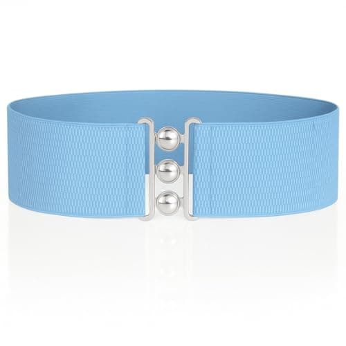 Ro Rox Retro Vintage Belt | Elastic Women's Accessories | Stretchy 50s Nurse With Silver Buckle & Clasp | Waist Belt For Dress | Wide Belt Design | Elasticated Belt For Women & Ladies, Sky Blue, S