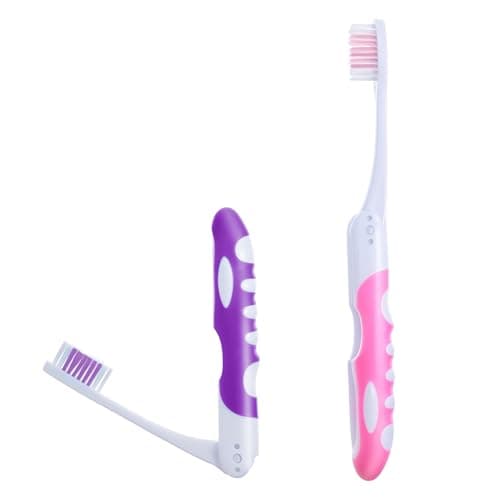 2Pcs Travel Toothbrush Set, Folding Toothbrush Travel, Soft Portable Toothbrushes for Travels Camping Hiking (Pink and Purple)