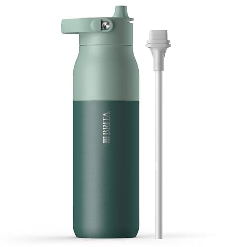 BRITA LARQ Essential Drinking Bottle with Straw Green (1000ml) Stainless Steel Water Bottle, Double-Walled Insulation (24h Cold), with Detachable Soft-Touch Handle, Dishwasher Safe