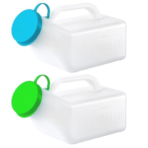 2 Pack Urinals for Men Glow in The Dark Lid - 32oz/1000mL Thick Plastic Mens Bedpan Bottle with Screw-on Lid - Spill Proof Urinary Chamber - Measuring Scale - Male Portable Travel Pee Bottles