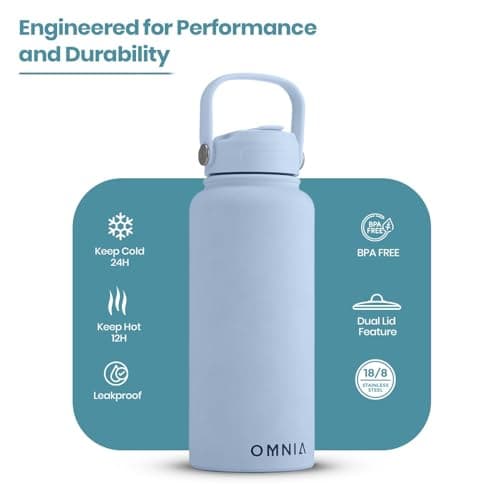 OMNIA NUTRIENTS Vacuum Insulated Stainless Steel Water Bottle, 2 Lids (Straw & Spout) Leakproof, BPA-Free, Reusable Flask Ideal for Travel and Outdoors (Sky Blue - 1000 ml) — view 2
