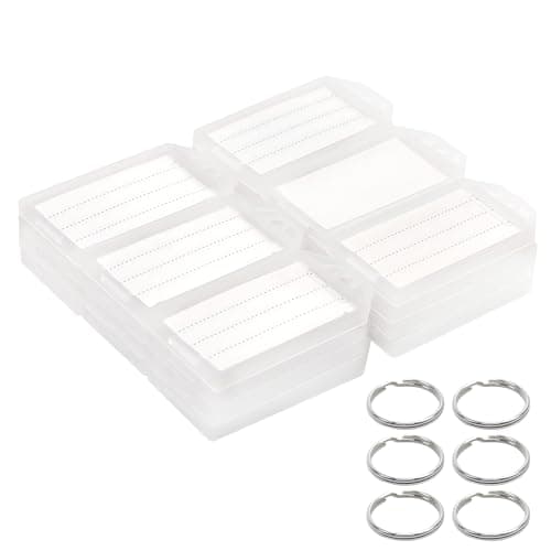 Coideal White Plastic Key Tags with Labels - 60 Pack Tough Key Chain Tag ID Identifiers with Clear Label Window and Strong Split Ring for Luggage