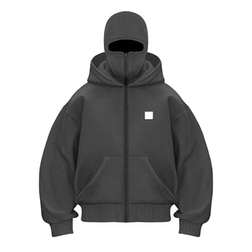 Balaclava Hoodie Mens Hoodies Zip Up Fashion Double Layer Hoodie with Mask Travel Hoodies Oversized Long Sleeved Warm Wind-resistant Athletic Workout Ski Mask Sweatshirt for Winter Dark Gray