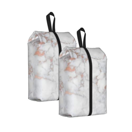 White Marble Rose Gold Print Waterproof Shoe Bag Travel Bag with Carry Strap Storage Bag Versatile Cosmetic Bag-2pcs