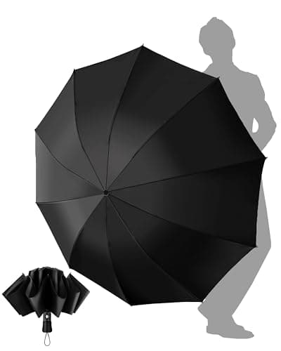 Chakipee Travel Windproof Strong Compact Umbrella - 10 Ribs Black Portable Umbrella for Men and Women - Inverted Folding Automatic Umbrellas for Wind and Rain, 210T Fabric 105cm Span