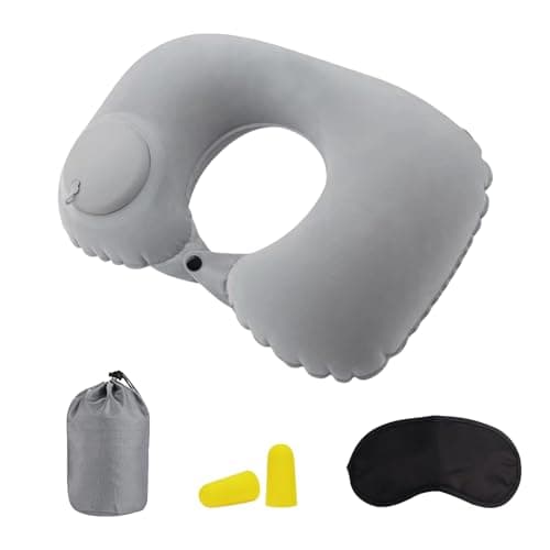 MUNSKT Gray Inflatable U Shaped Travel Neck Pillow with Eye Mask, Ear Plugs & Carry Bag, Ergonomic, Lightweight, Compact & Quick Pack, for Airplane & Travel
