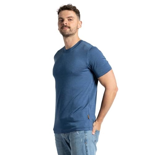 menique 100% Merino Shirt Mens Short Sleeve T Shirt, Lightweight Thermal Top Men, Base Layer, Wicking Breathable Undershirt Top, Crew Neck Tee for Outdoor Travel & Hiking, Denim Blue, L